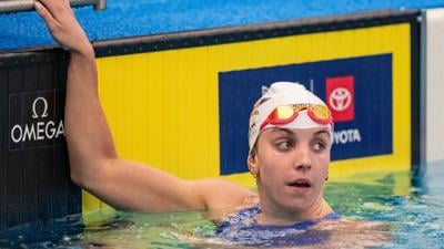 GREENSBORO, NORTH CAROLINA - DECEMBER 02: Regan Smith looks on after winning the Women's 200 Meter Butterfly Final on day 4 of the Toyota US Open on December 02, 2023 at the Greensboro Aquatic Center in Greensboro, North Carolina. (Photo by Jacob Kupfer...