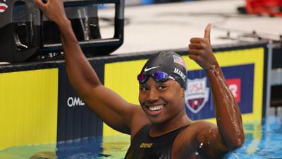 WESTMONT, ILLINOIS - MARCH 08: Simone Manuel reacts after competing in the Women's 50 Meter Freestyle Final on Day 3 of the TYR Pro Swim Series Westmont at FMC Natatorium on March 08, 2024 in Westmont, Illinois. (Photo by Michael Reaves/Getty Images)