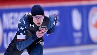 09 March 2024, Bavaria, Inzell: Speed skating, sprint world championships, men, 5000 meter sprint. The US-American Jordan Stolz in action. Photo: Peter Kneffel/dpa (Photo by Peter Kneffel/picture alliance via Getty Images)